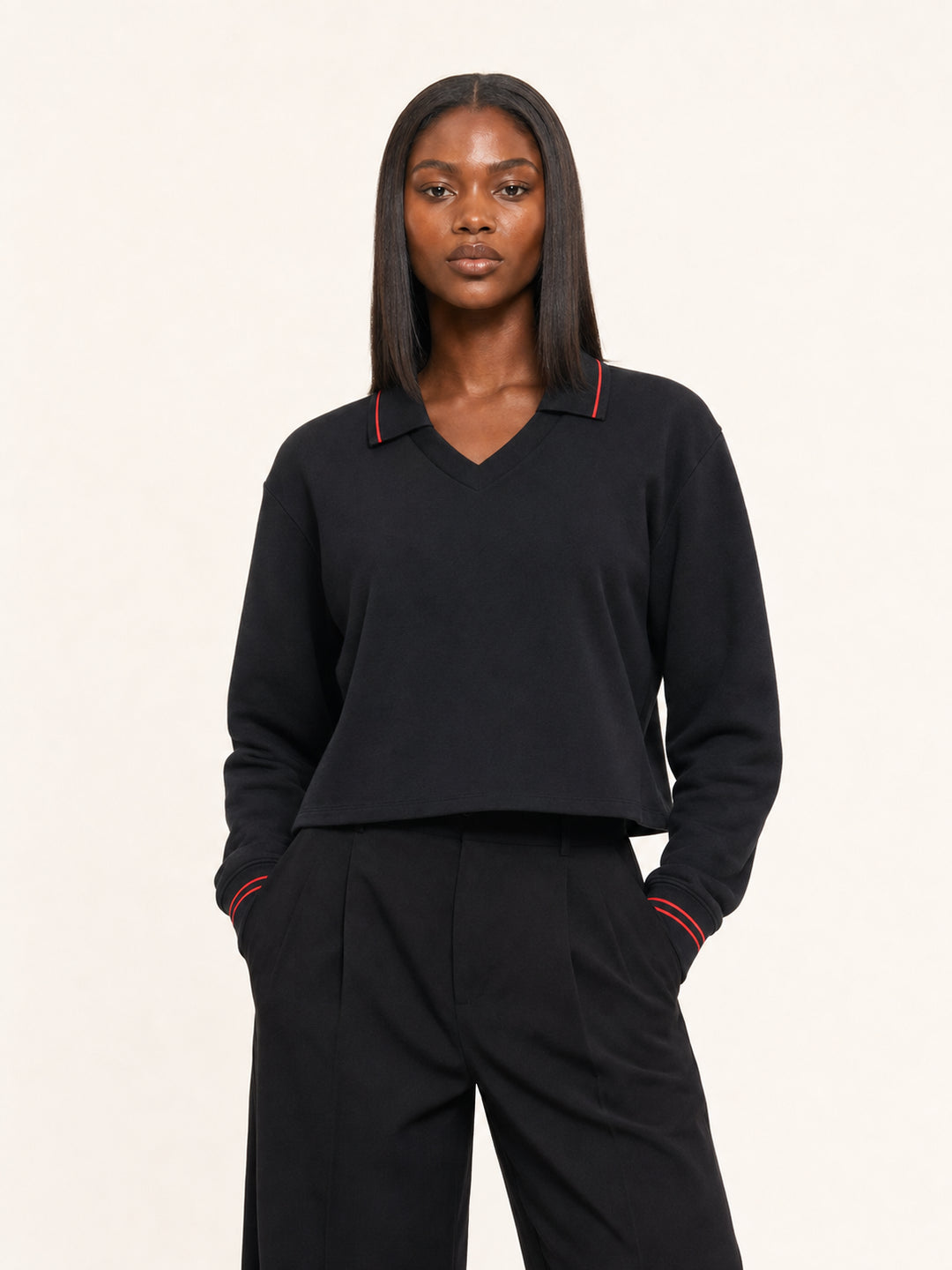 women hoddies Contrast Tipped Collared Crop Sweatshirt