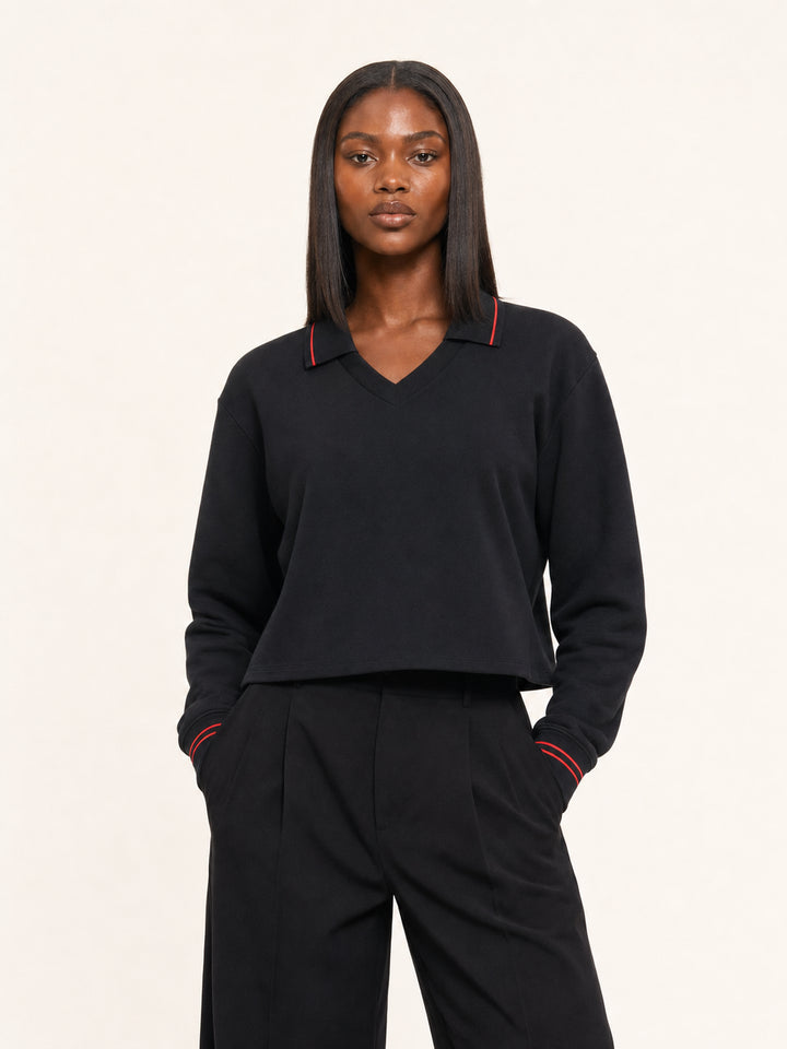 women hoddies Contrast Tipped Collared Crop Sweatshirt