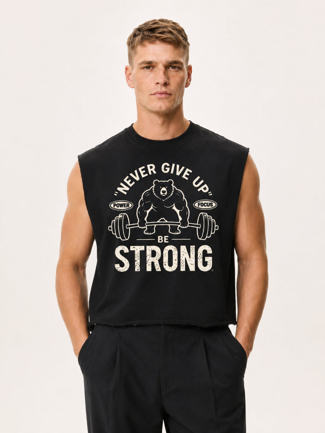 MEN GYM WEAR Never Give Up Weightlifting Bear Training Tank