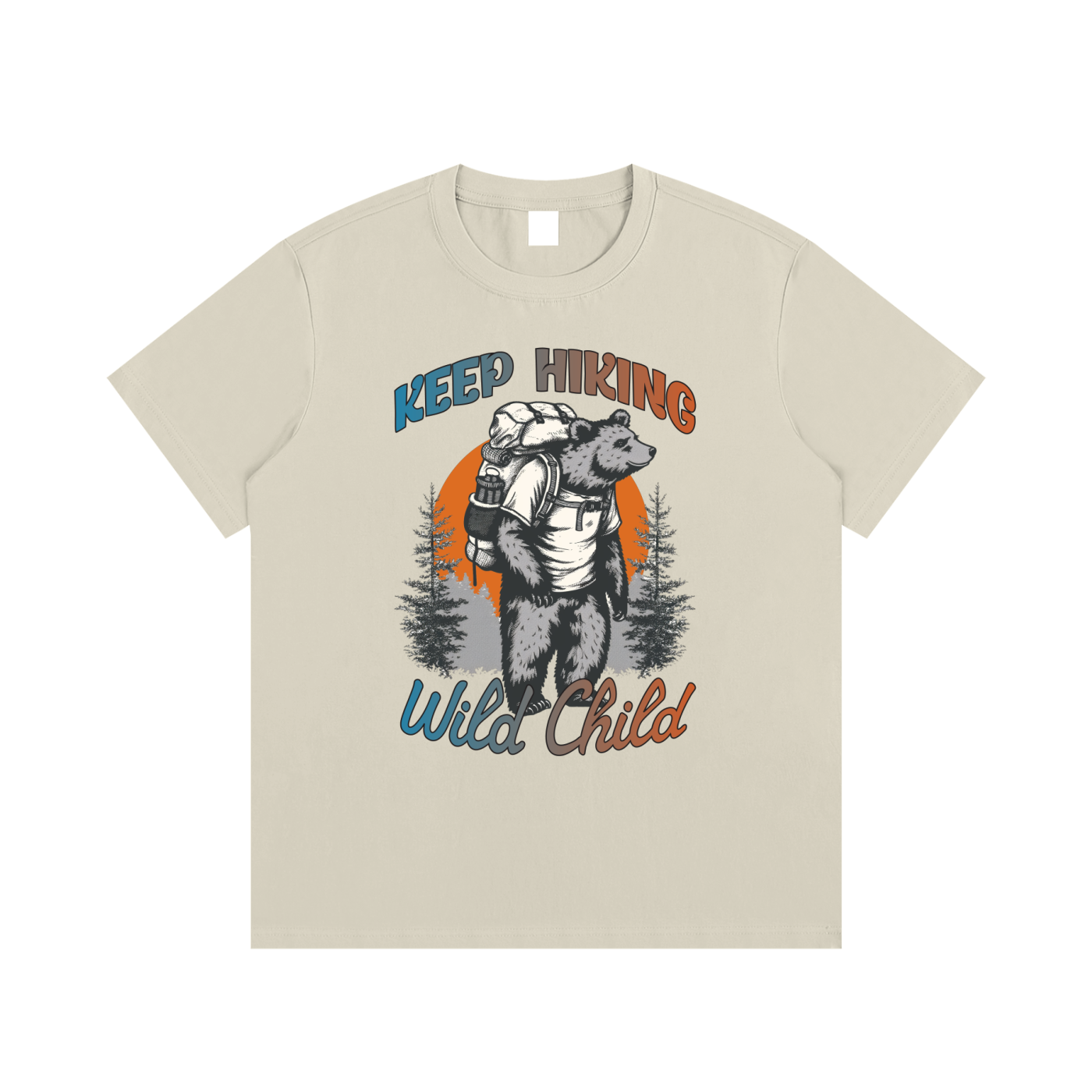 Keep Hiking Wild Child Backpacking Bear Tee in Khaki, flat lay.
