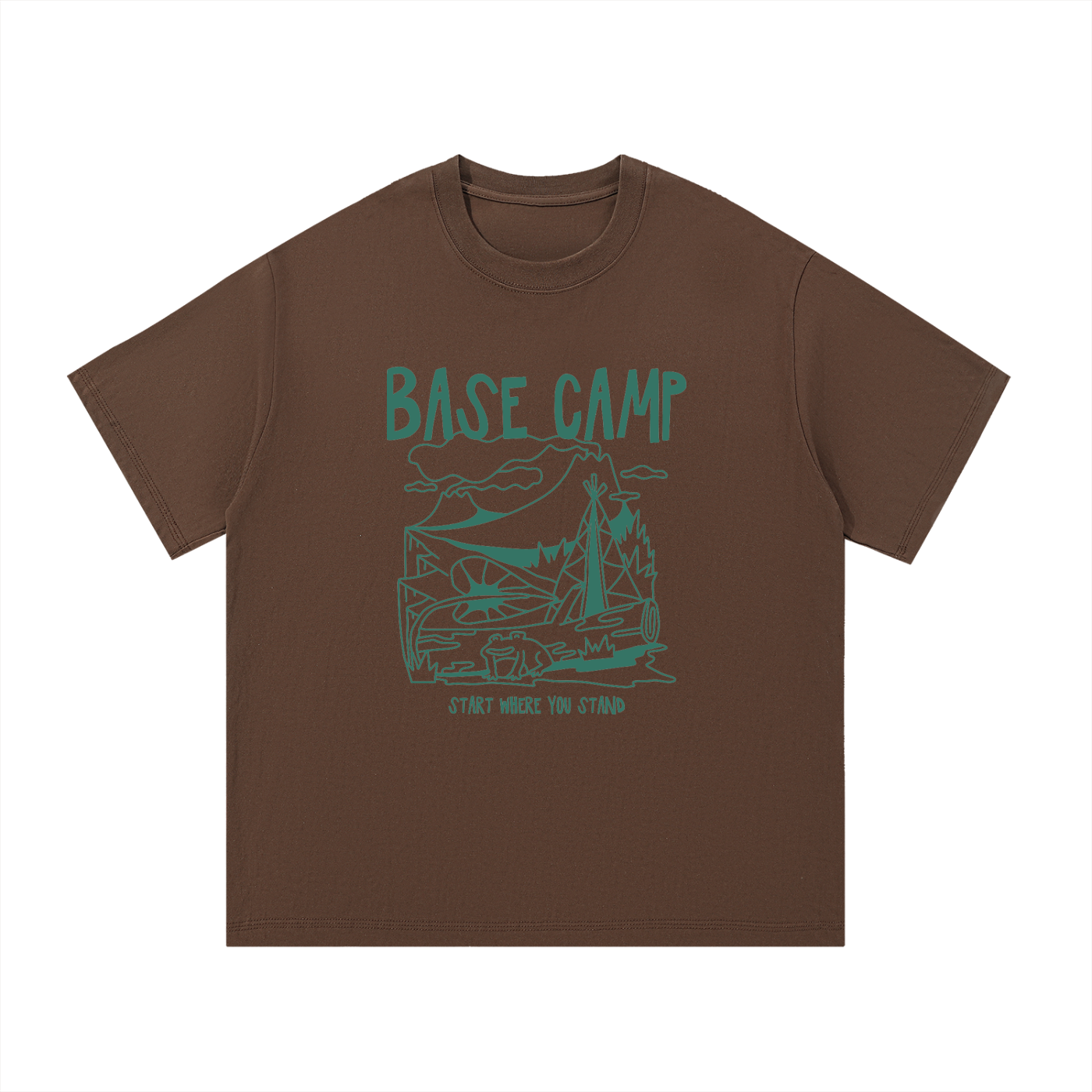 Base Camp Start Where You Stand Line Art Tee in Coffee, flat lay.