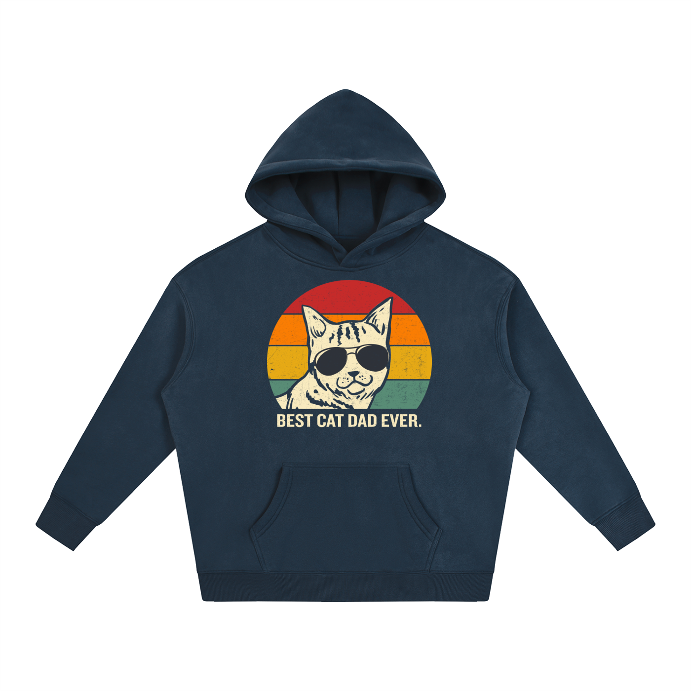 Best Cat Dad Ever Retro Sunset Hoodie in Navy Blue, flat lay.