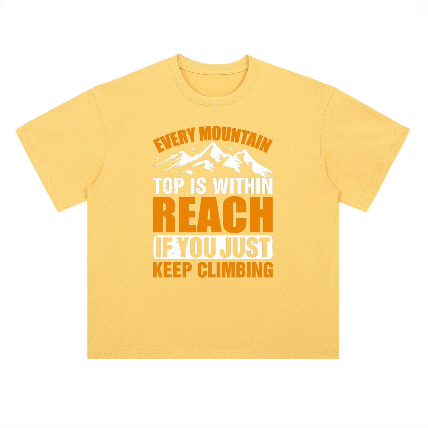 Every Mountain Top Is Within Reach Climbing Tee in Lemon Yellow, flat lay.
