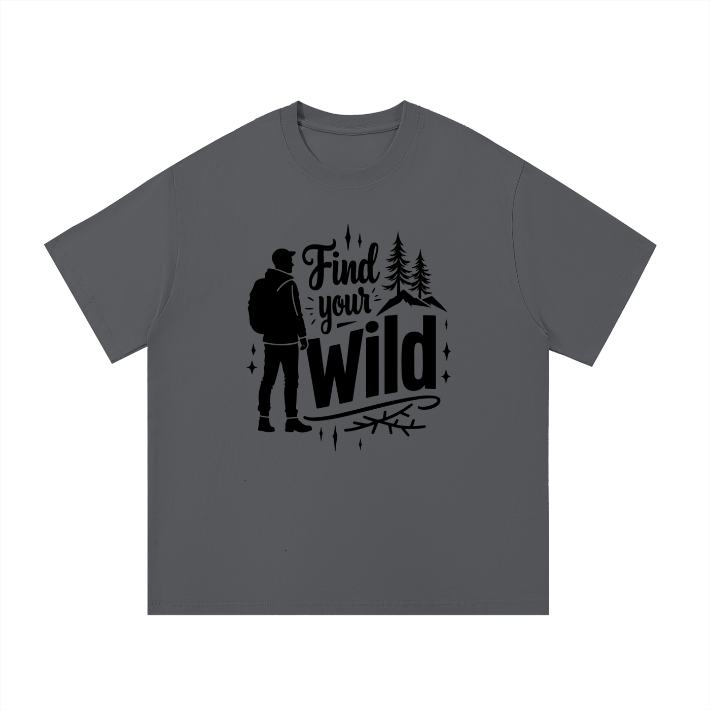 Find Your Wild Hand-Lettered Outdoor Tee in Dark Gray, flat lay.