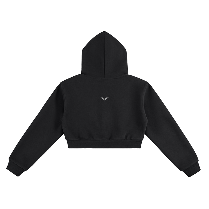 Wing Logo Essential Cropped Hoodie in Black, back view.