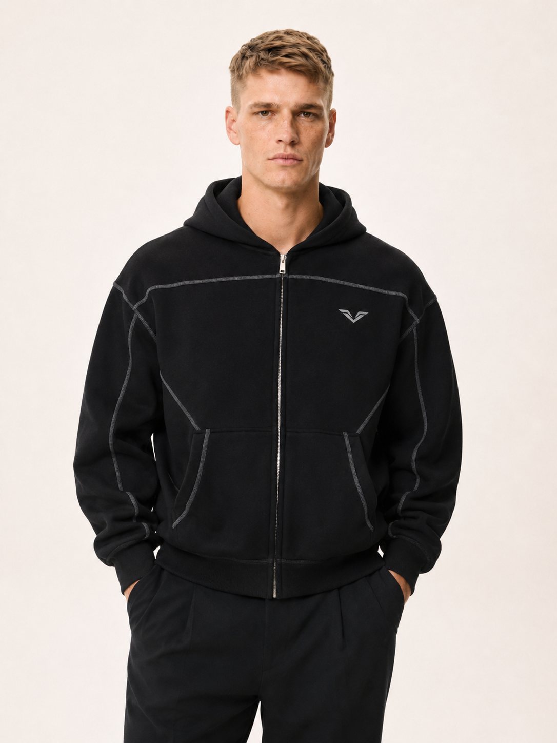 Wing Logo Contrast Stitch Boxy Zip Hoodie
