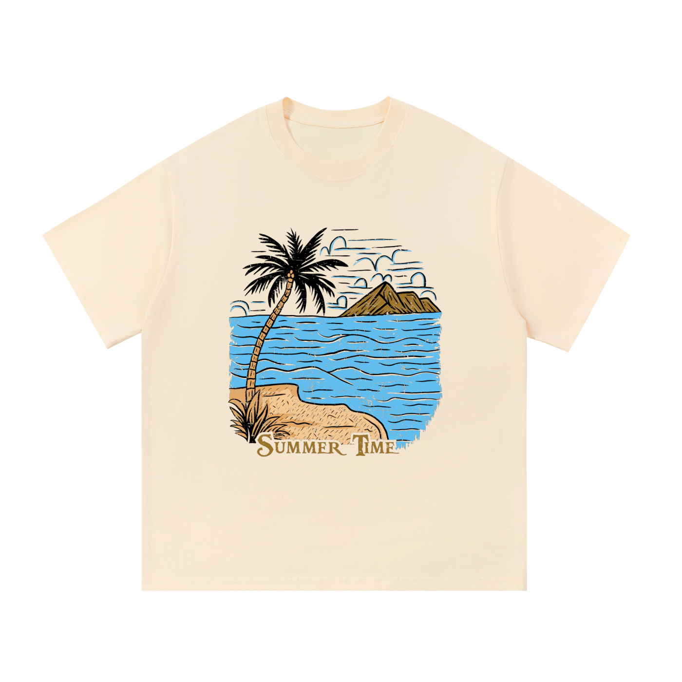 Summer Time Palm Beach Illustrated Cotton Tee in Apricot, flat lay.