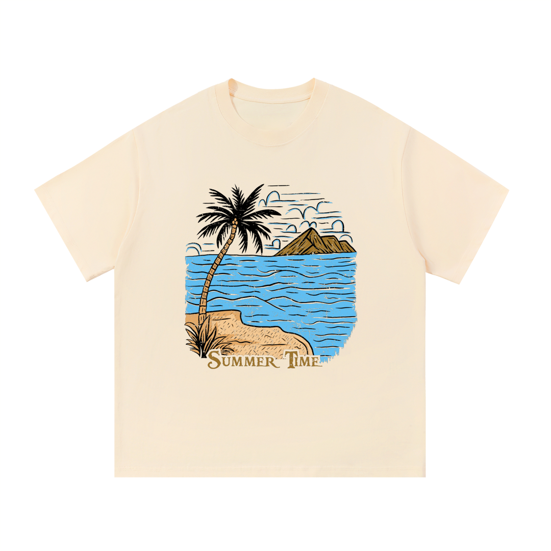 Summer Time Palm Beach Illustrated Cotton Tee in Apricot, flat lay.