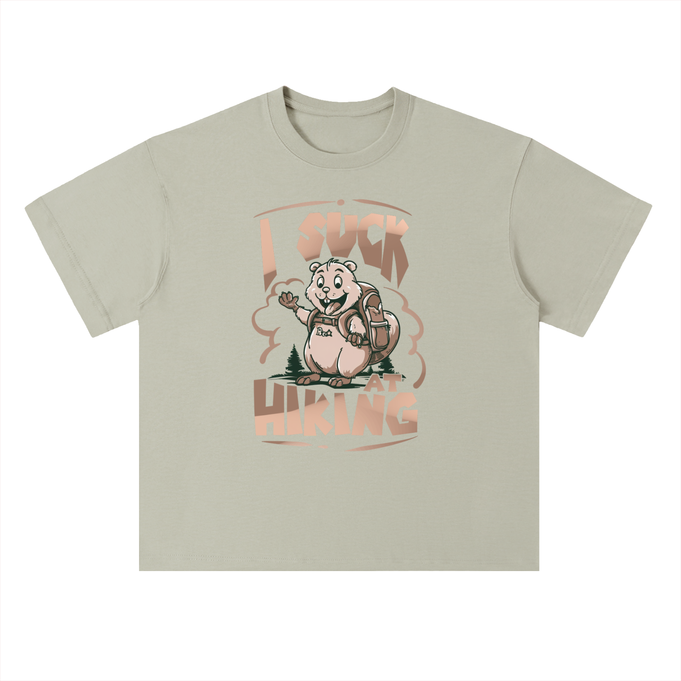I Suck At Hiking Funny Cartoon Bear Tee in Gray Green, flat lay.