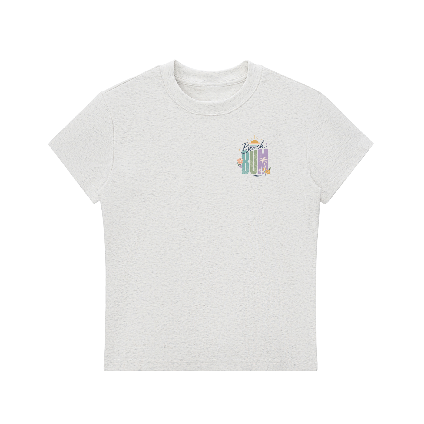Beach Bum Left-Chest Summer Bodycon Tee in Flower Gray, flat lay.
