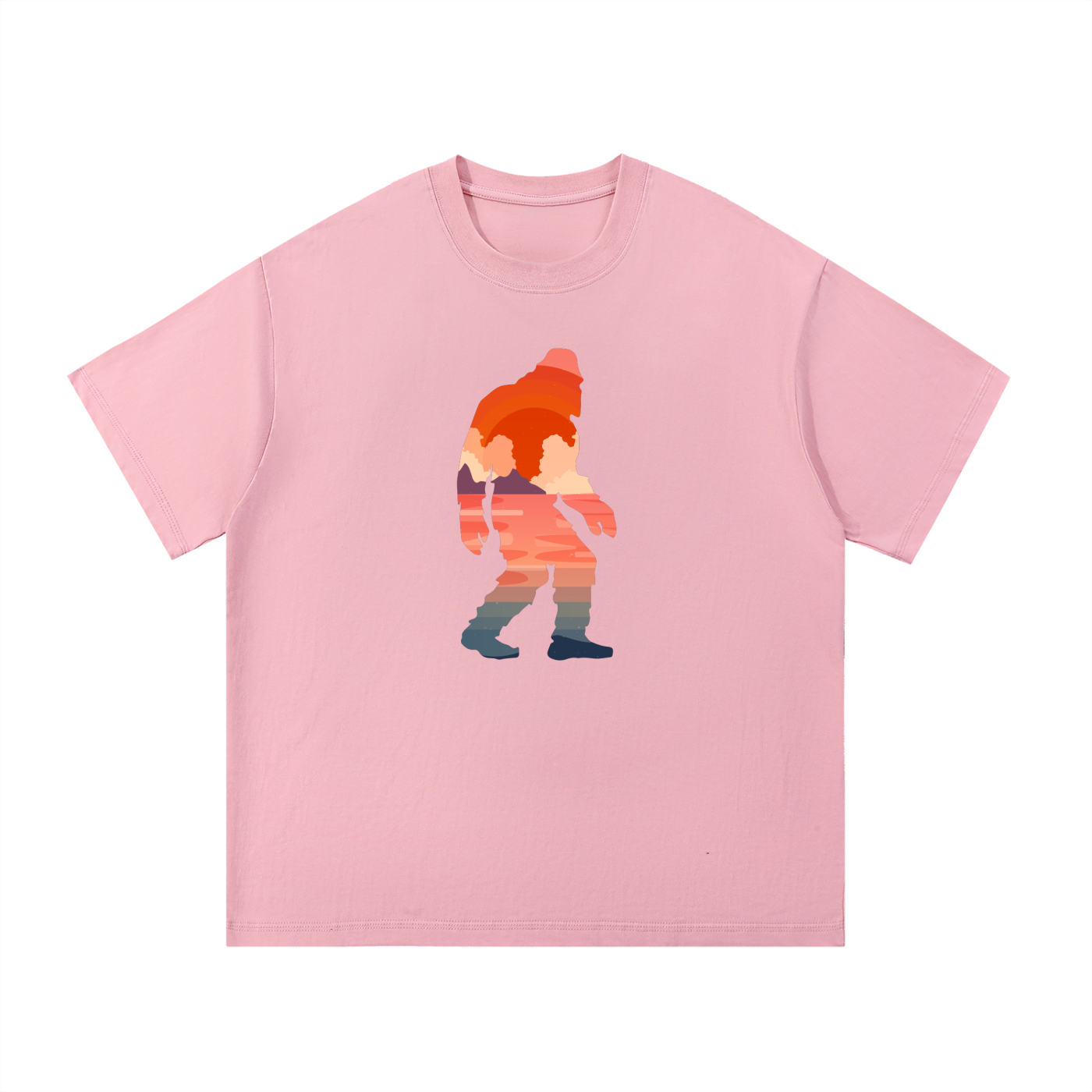 Bigfoot Sunset Double Exposure Cotton Tee in Pink, flat lay.