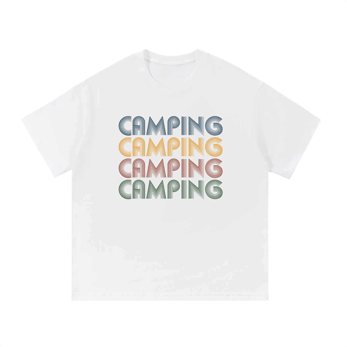 Camping Retro Seventies Repeat Typography Tee in White, flat lay.