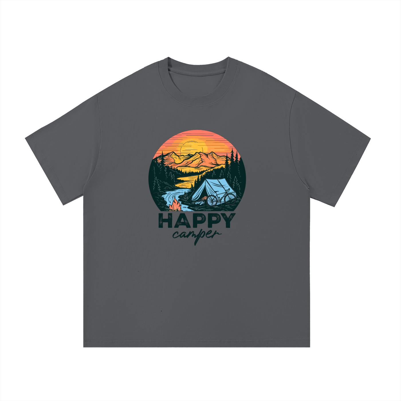 Happy Camper Sunset Tent Illustrated Tee in Dark Gray, flat lay.