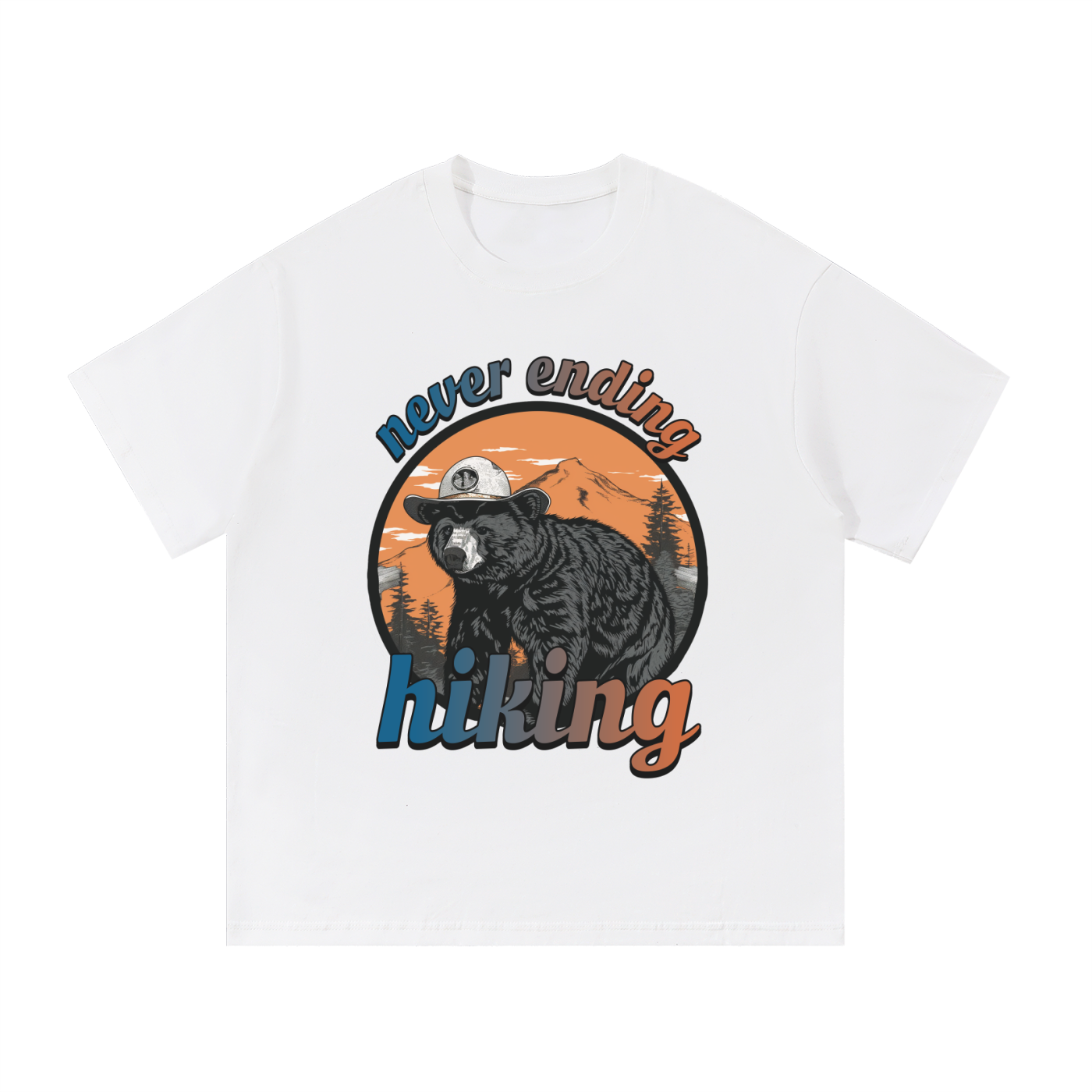 Never Ending Hiking Retro Bear Cotton Tee in White, flat lay.