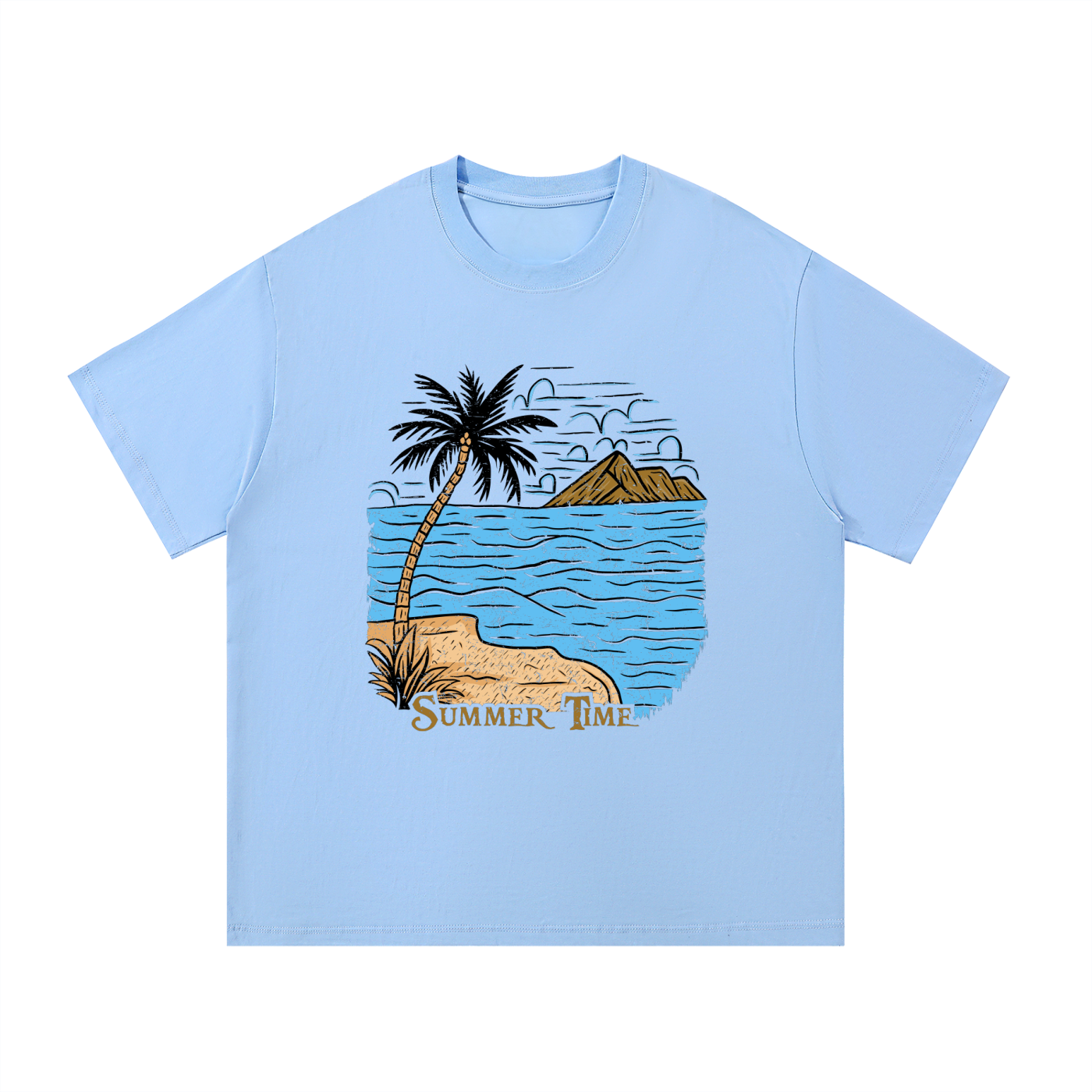Summer Time Palm Beach Illustrated Cotton Tee in Blue, flat lay.