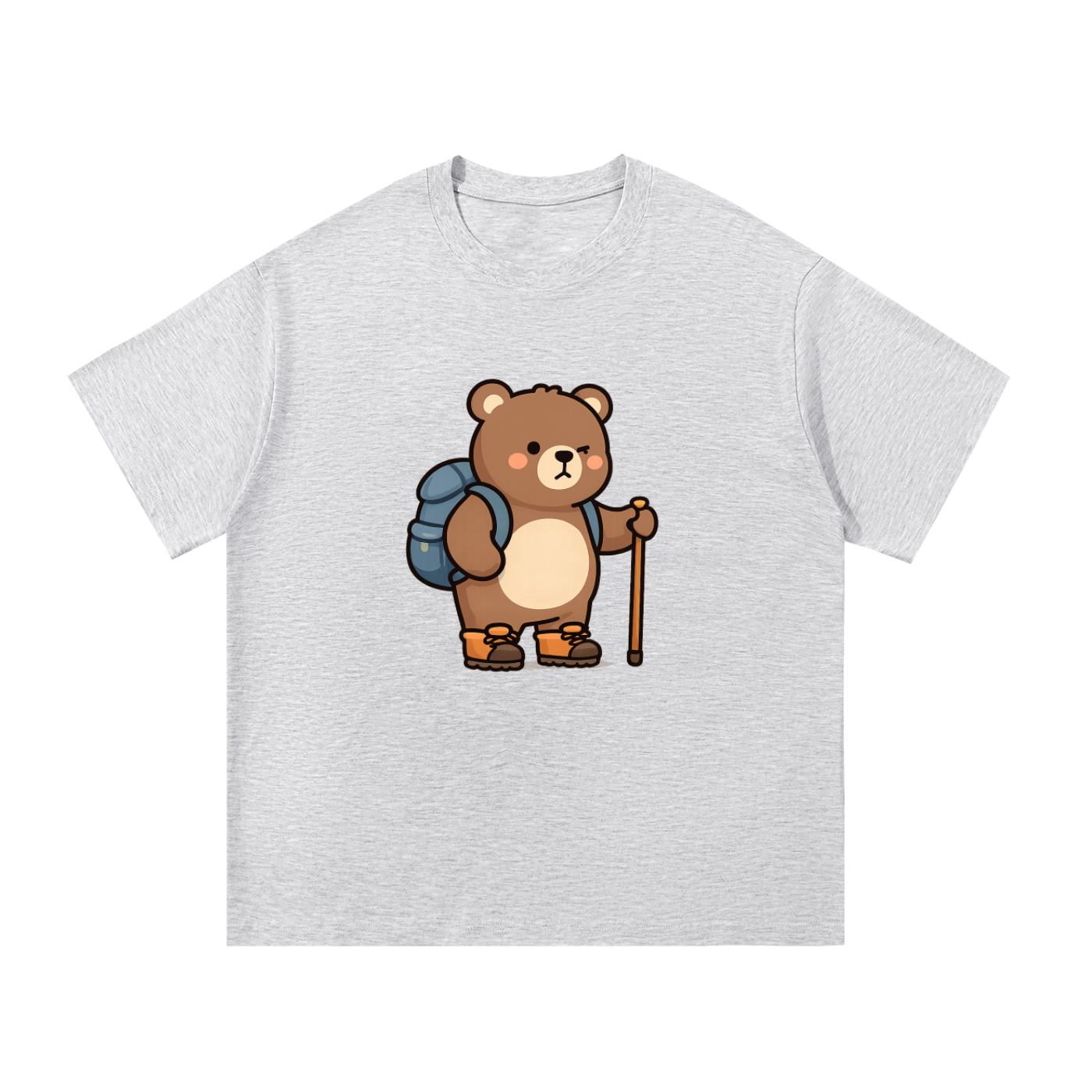 Cute Hiking Bear Illustrated Cotton Tee in White Gray, flat lay.