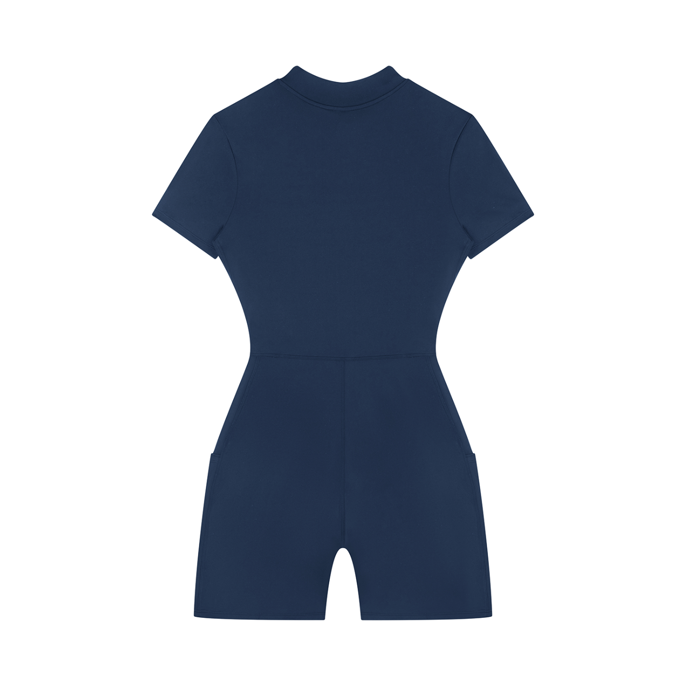 Wing Logo Quarter-Zip Short Sleeve Romper in Navy Blue, back view.