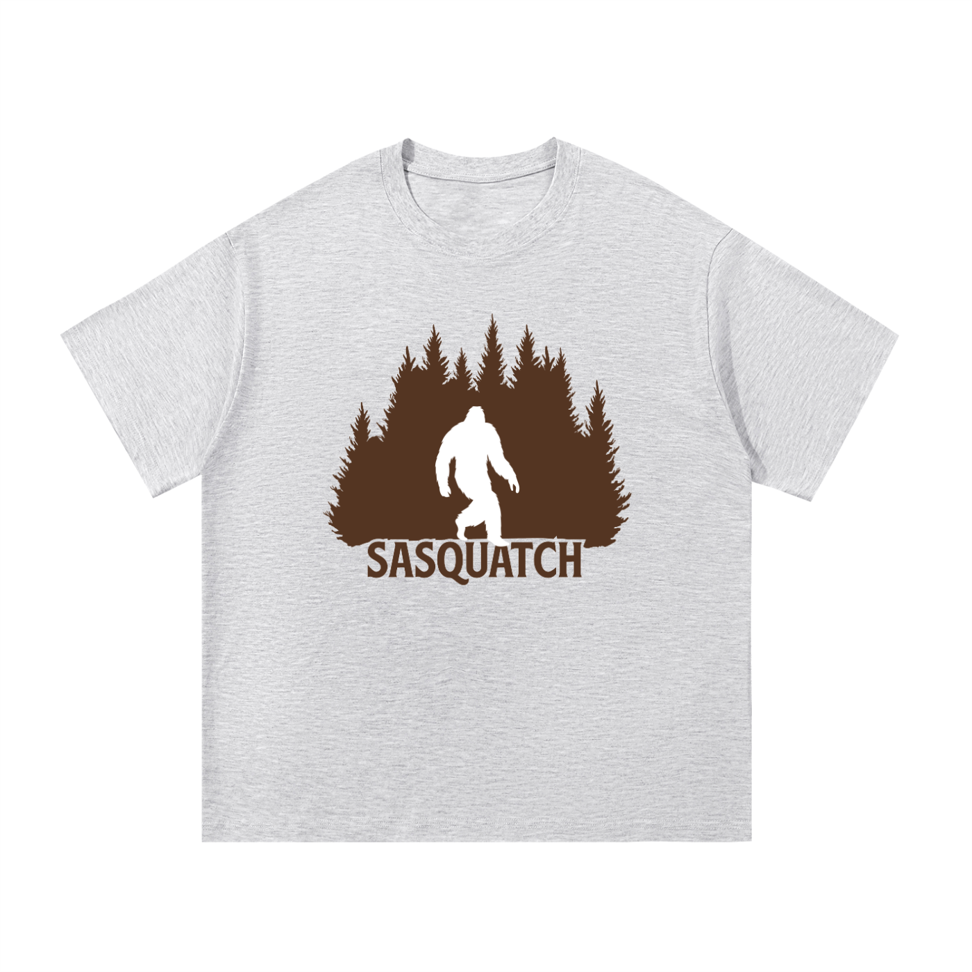 Sasquatch Forest Silhouette Cotton Tee in White Gray, flat lay.