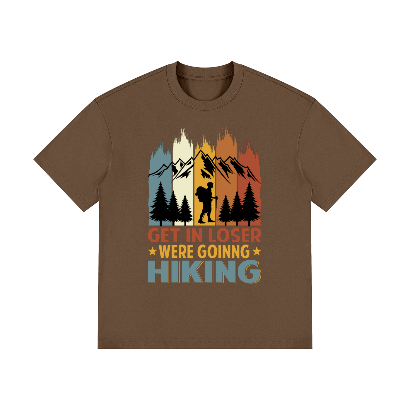 Get In Loser We're Going Hiking Retro Tee in Dark Brown, flat lay.