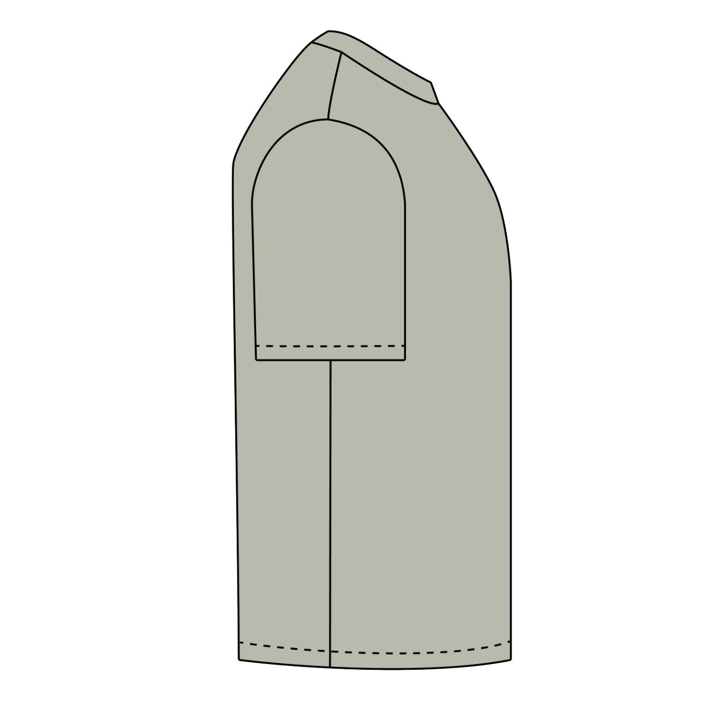 Official Bigfoot Research Team Retro Sunset Tee in Army Green, technical side-view drawing.
