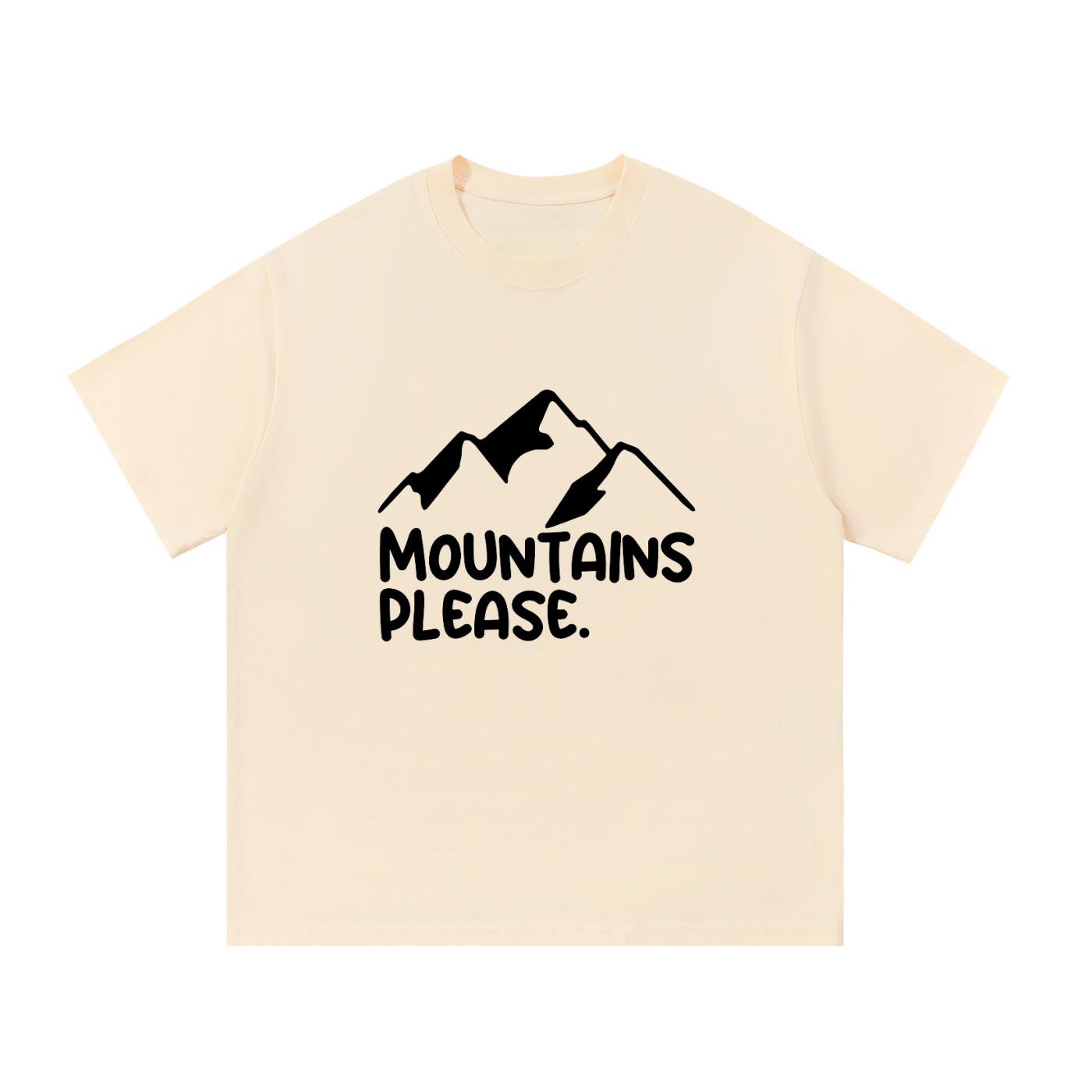 Mountains Please Minimal Line Mountain Tee in Apricot, flat lay.