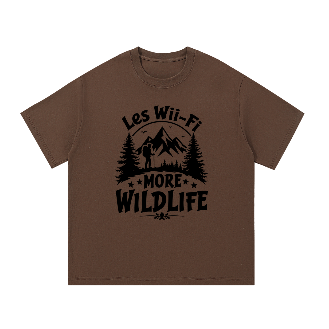 Less Wi-Fi More Wildlife Mountain Tee in Coffee, flat lay.