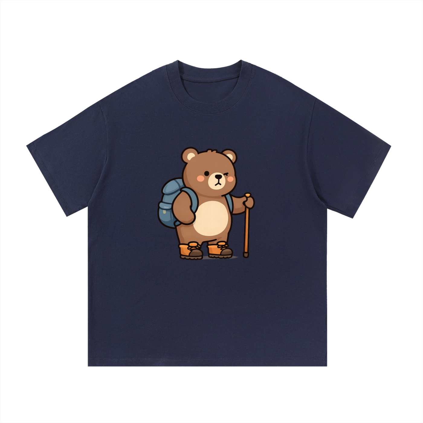 Cute Hiking Bear Illustrated Cotton Tee in Navy Blue, flat lay.
