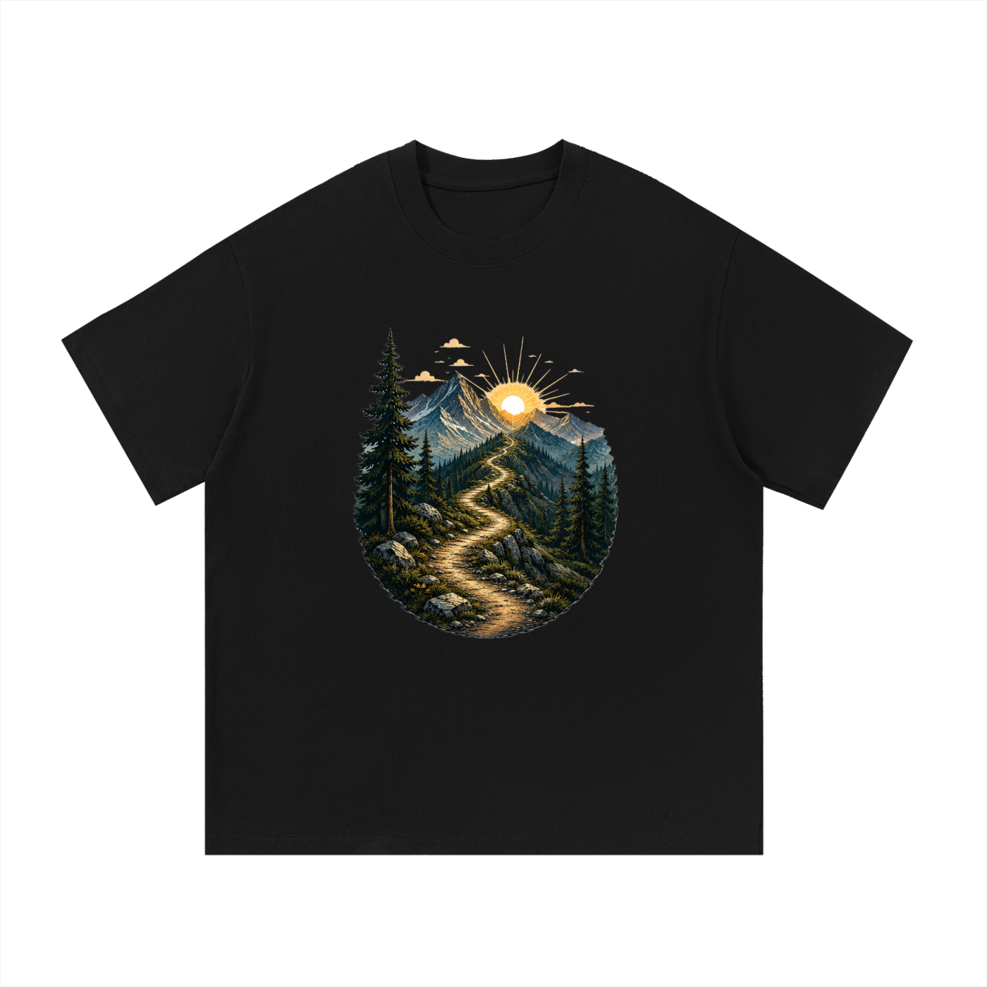 Mountain Trail Sunrise Illustrated Cotton Tee in Black, flat lay.