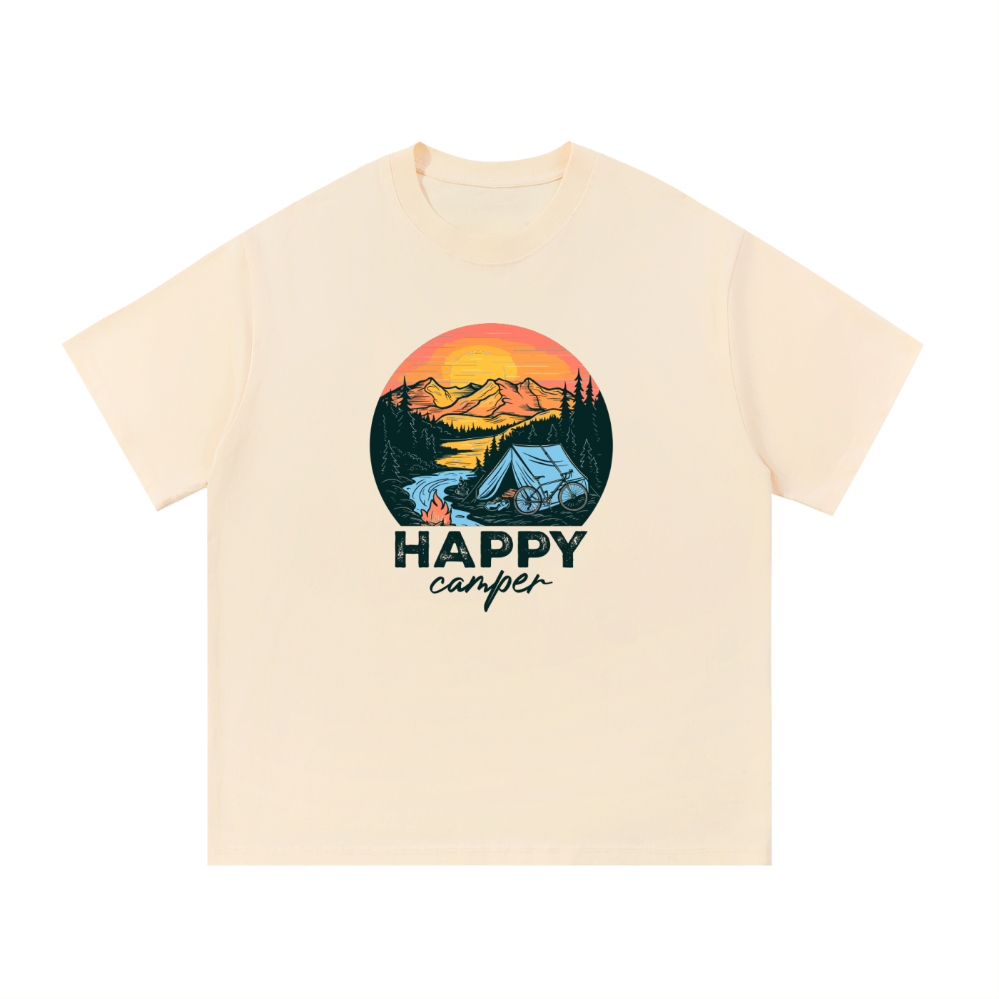 Happy Camper Sunset Tent Illustrated Tee in Apricot, flat lay.