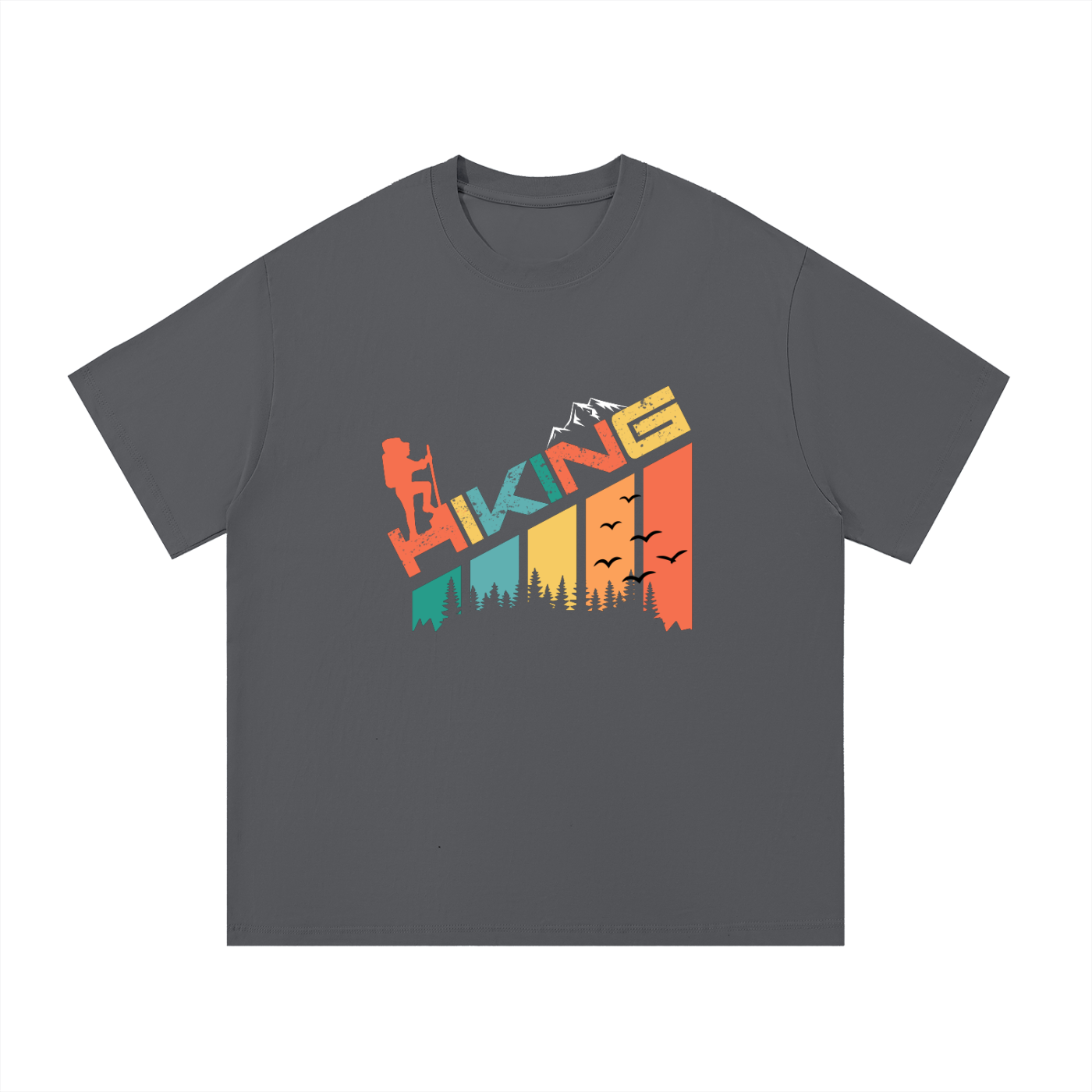Hiking Retro Colour-Block Typography Tee in Dark Gray, flat lay.