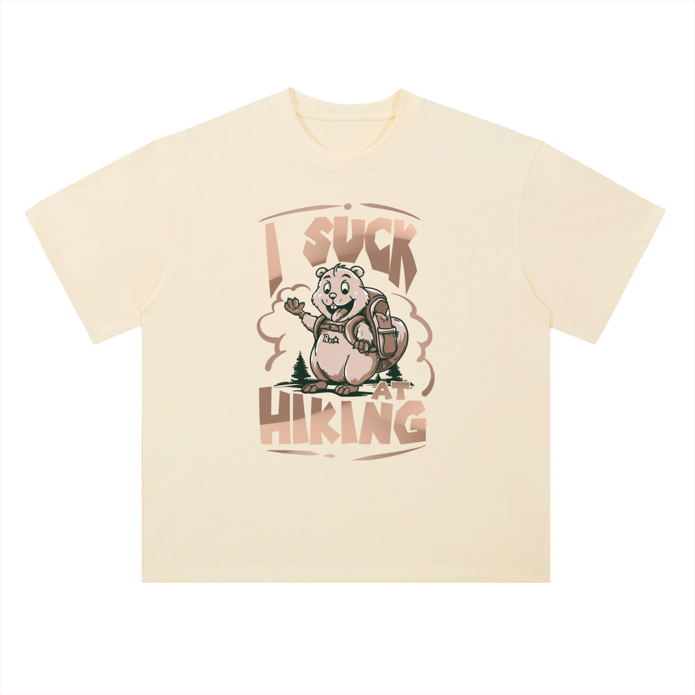 I Suck At Hiking Funny Cartoon Bear Tee in Milk Apricot, flat lay.