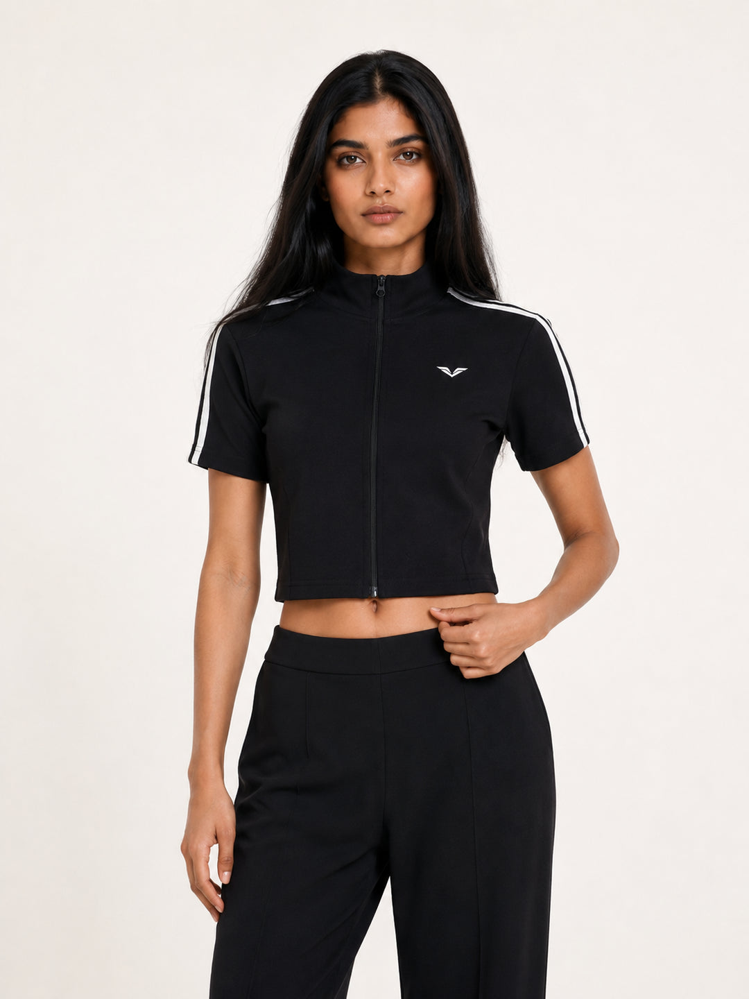 women t shirt Wing Logo Cropped Full-Zip Short Sleeve Top