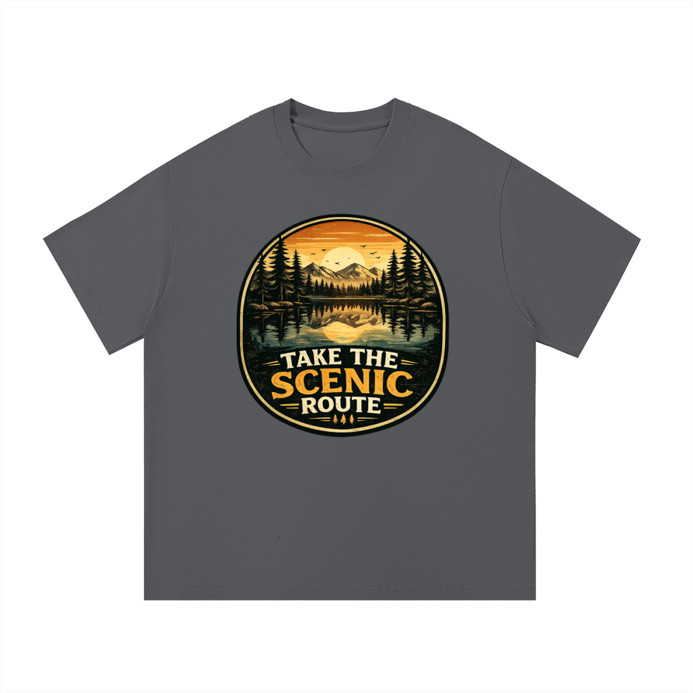 Take The Scenic Route Vintage Lake Badge Tee in Dark Gray, flat lay.