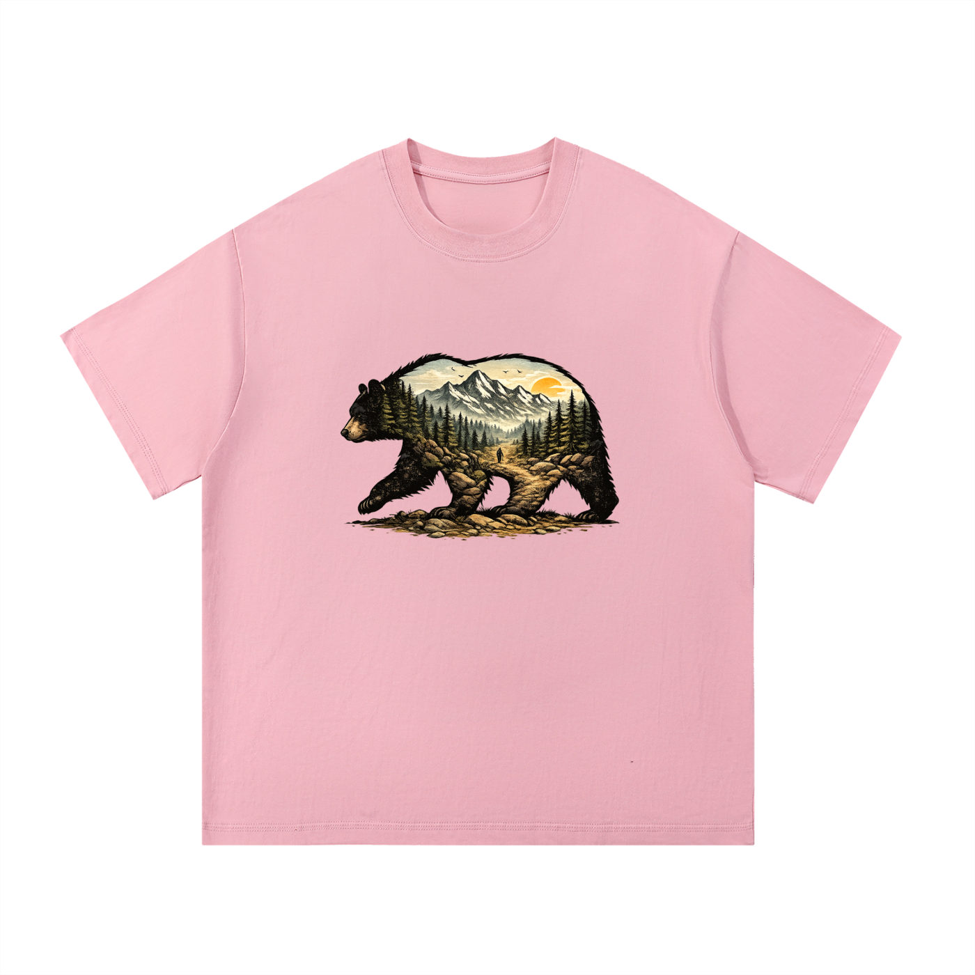 Bear Double Exposure Mountain Landscape Tee in Pink, flat lay.