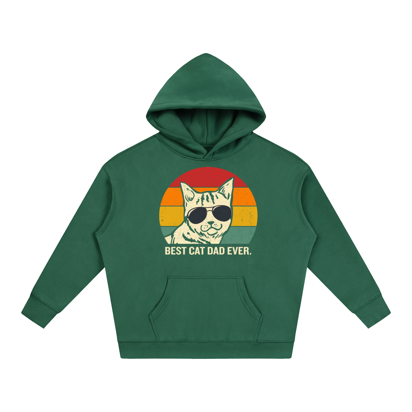 Best Cat Dad Ever Retro Sunset Hoodie in Eden Green, flat lay.
