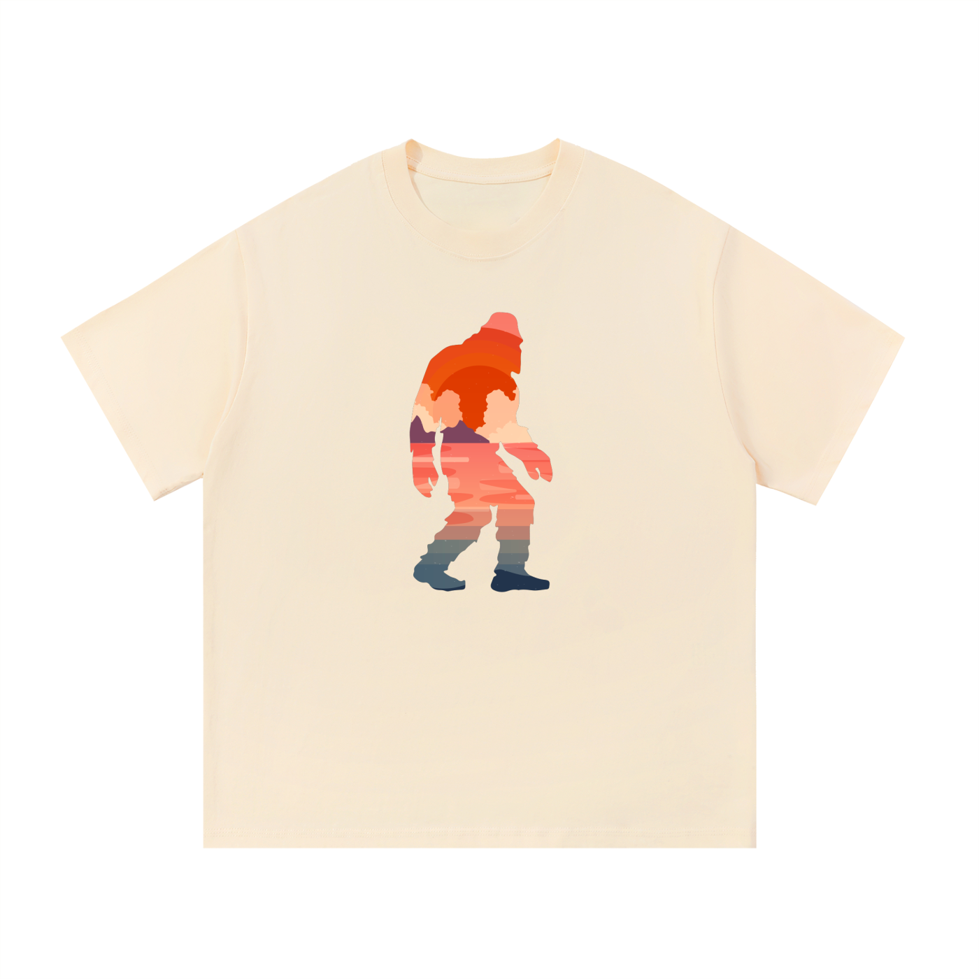 Bigfoot Sunset Double Exposure Cotton Tee in Apricot, flat lay.