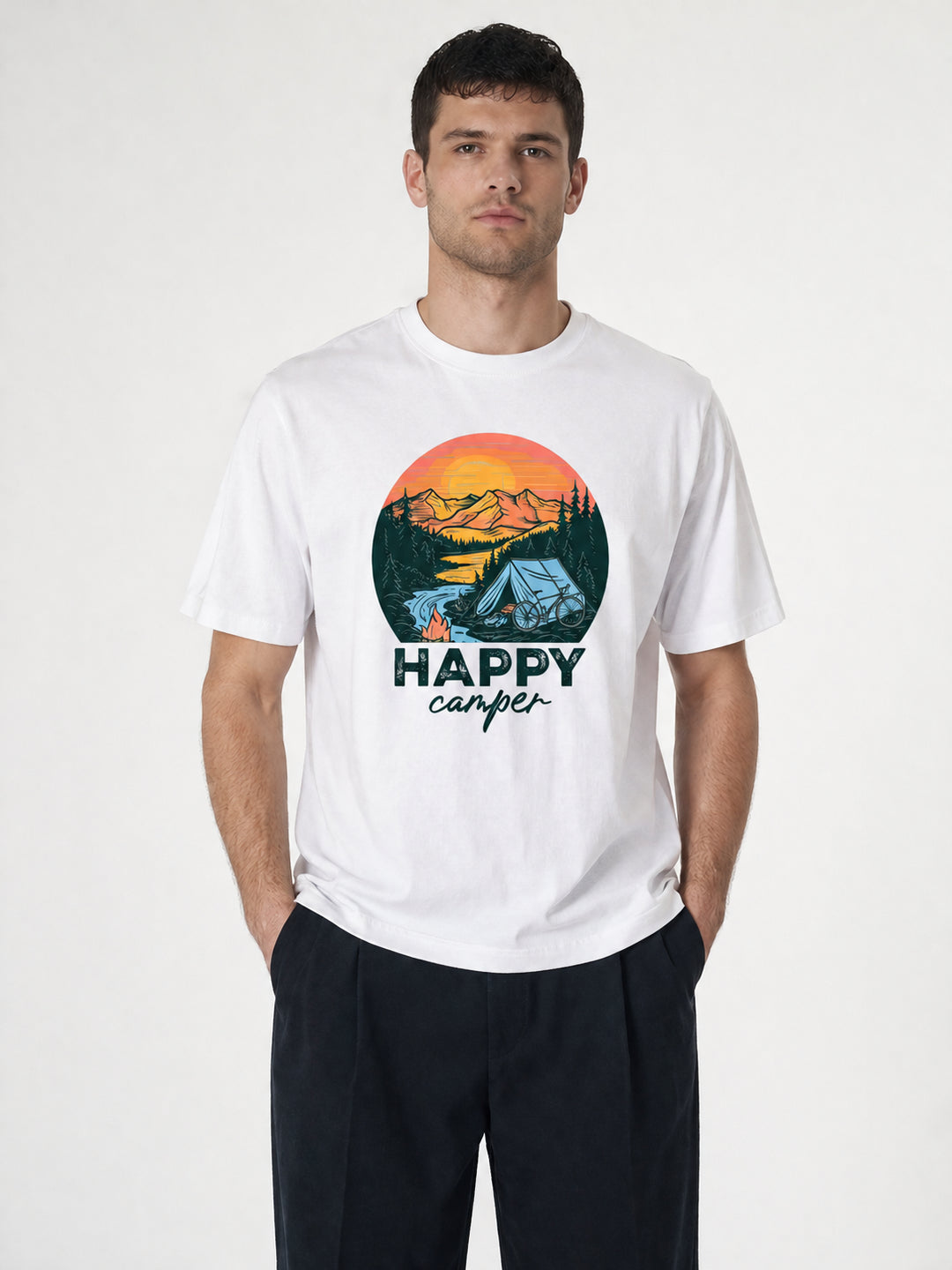 HIKING LOVER Happy Camper Sunset Tent Illustrated Tee