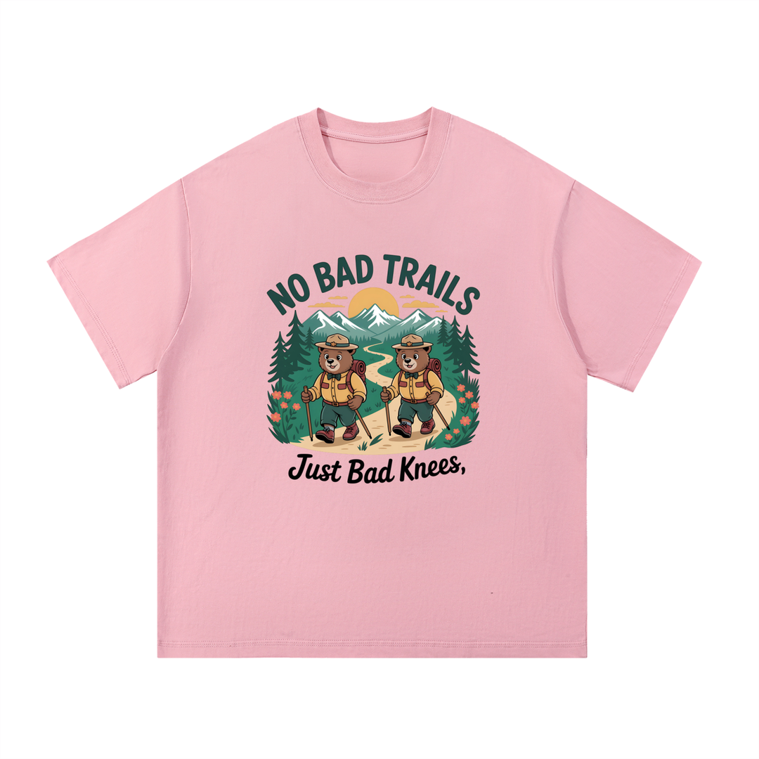 No Bad Trails Just Bad Knees Ranger Bear Tee in Pink, flat lay.