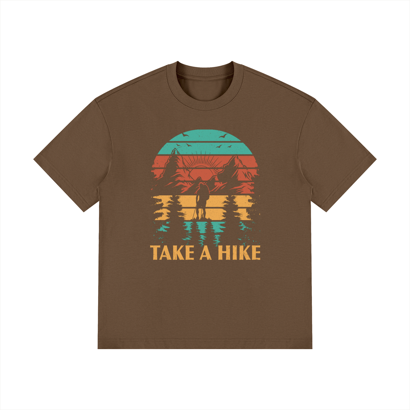 Take A Hike Retro Sunset Mountain Tee in Dark Brown, flat lay.