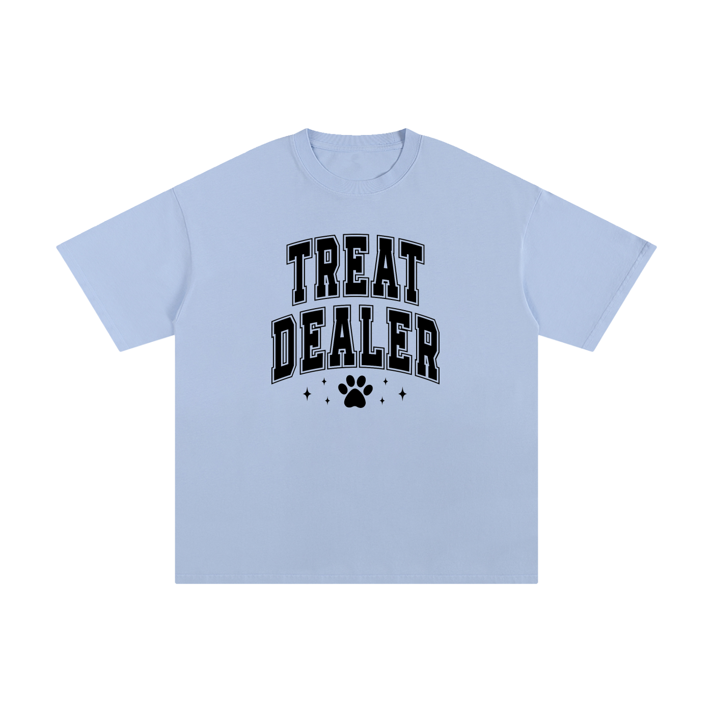 Treat Dealer Varsity Paw Print Cotton Tee in Sky Blue, flat lay.