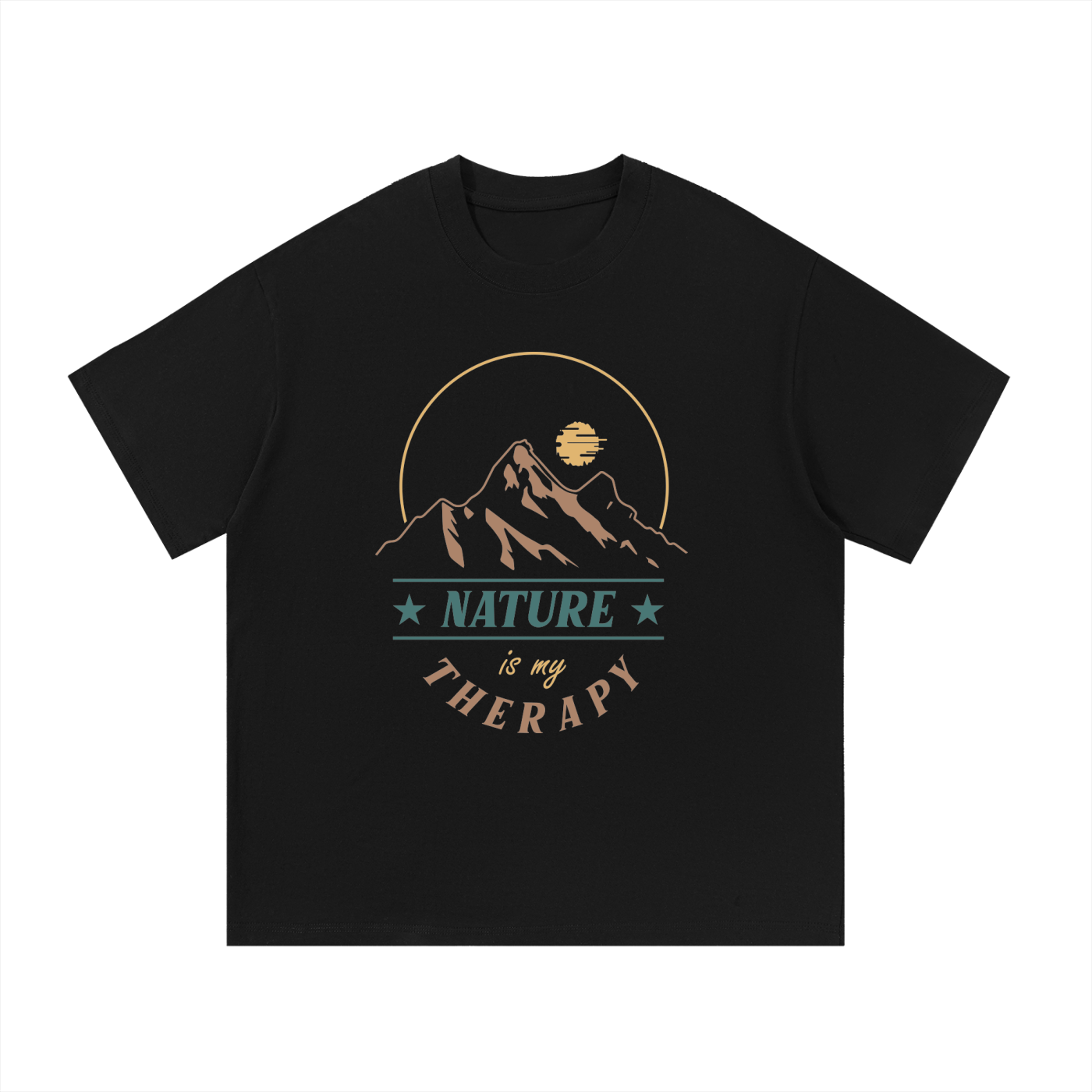 Nature Is My Therapy Mountain Sunrise Tee in Black, flat lay.