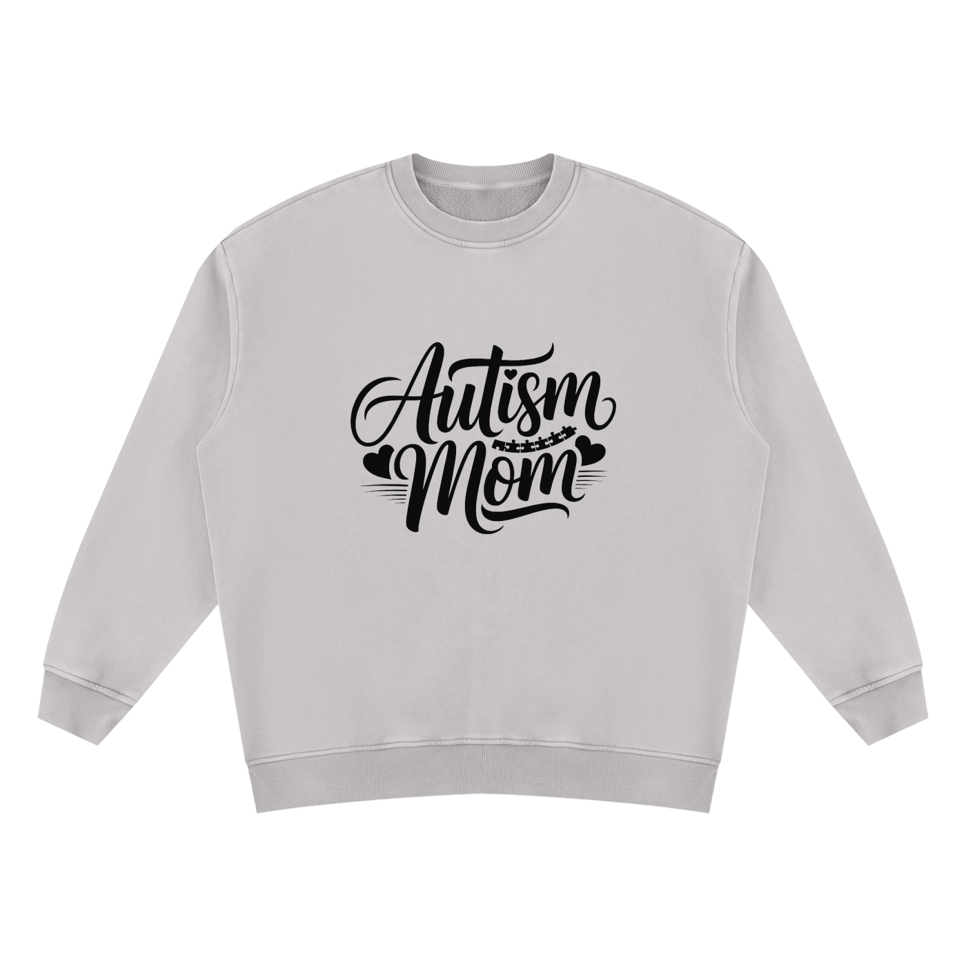 Autism Mom Script Vintage Wash Sweatshirt in Light Gray, flat lay.