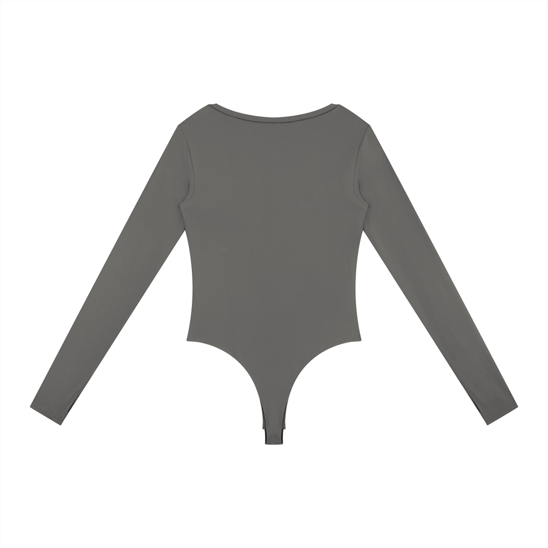 Wing Logo Long Sleeve Yoga Bodysuit in Gray, back view.