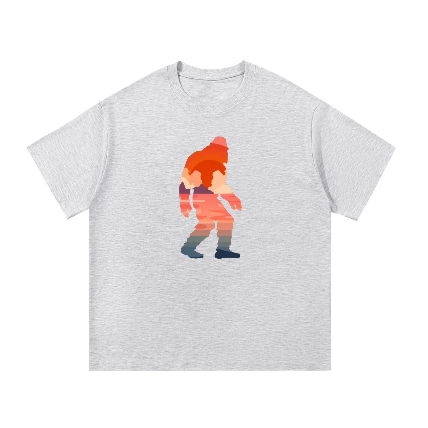 Bigfoot Sunset Double Exposure Cotton Tee in White Gray, flat lay.