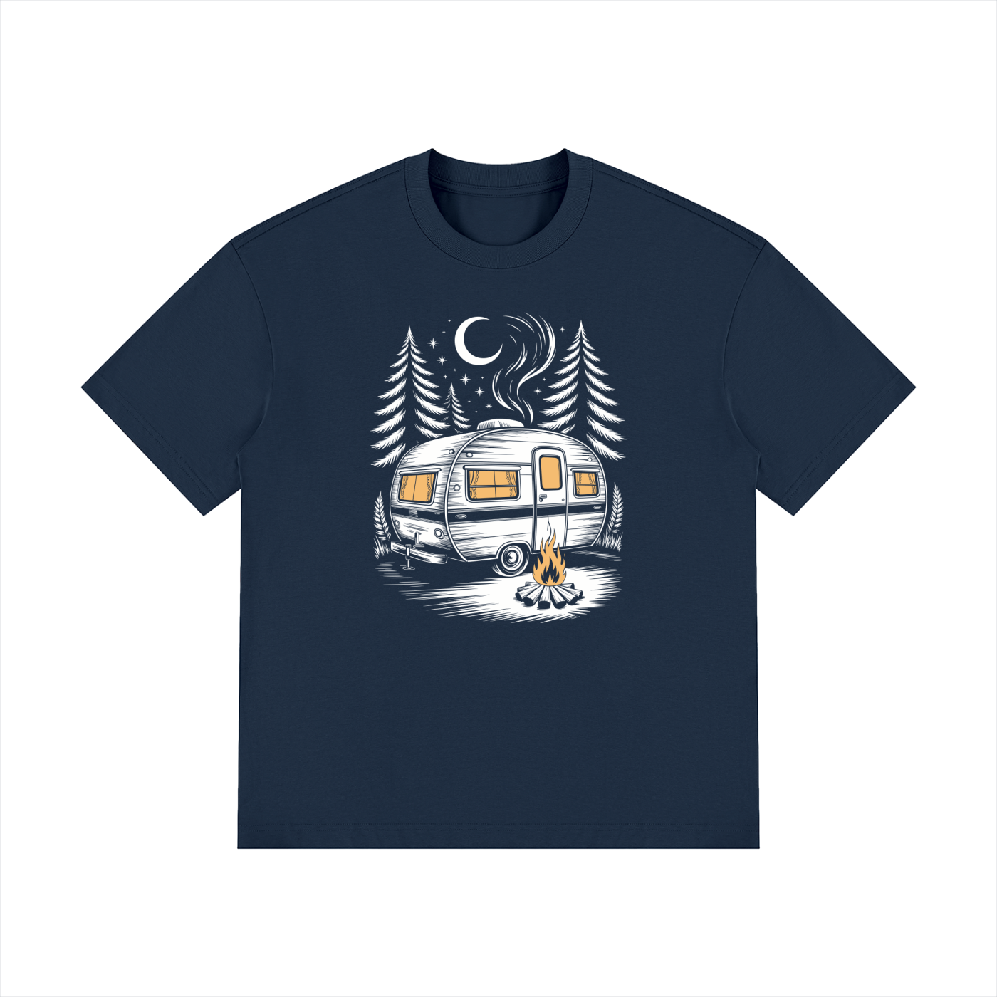Night Camp Caravan Illustrated Cotton Tee in Navy Blue, flat lay.