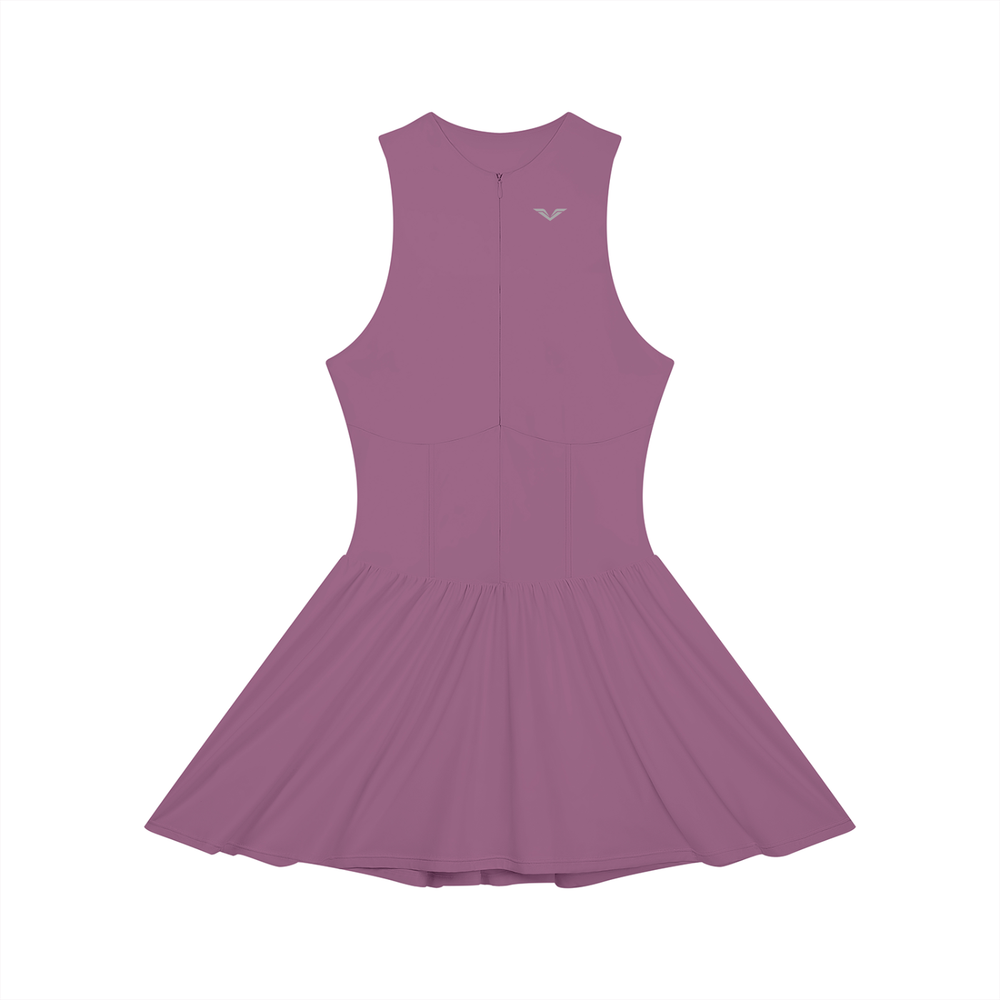 Wing Logo Ruched Zip Front Dress — Mauve in Dark Purple, flat lay.