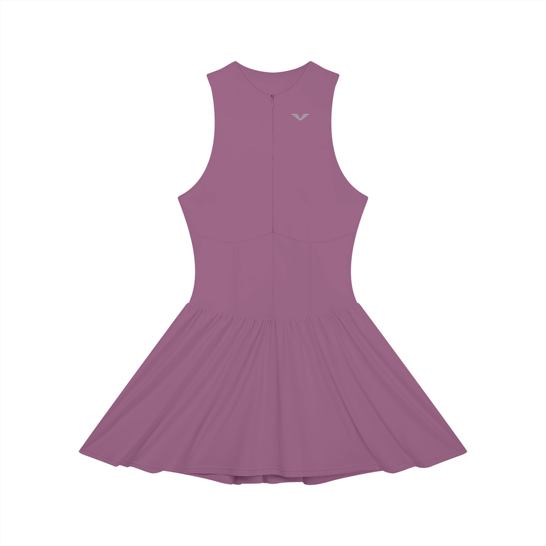 Wing Logo Ruched Zip Front Dress — Mauve in Dark Purple, flat lay.