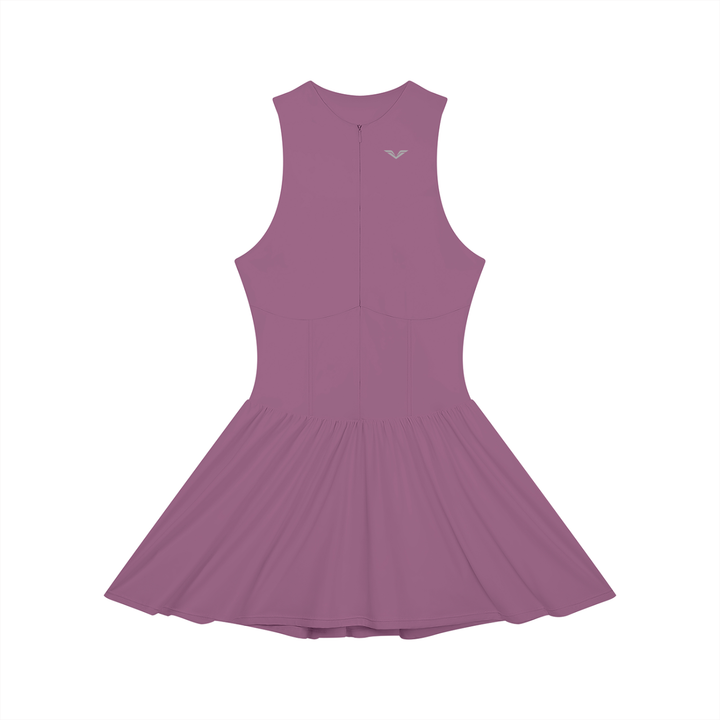 Wing Logo Ruched Zip Front Dress — Mauve in Dark Purple, flat lay.