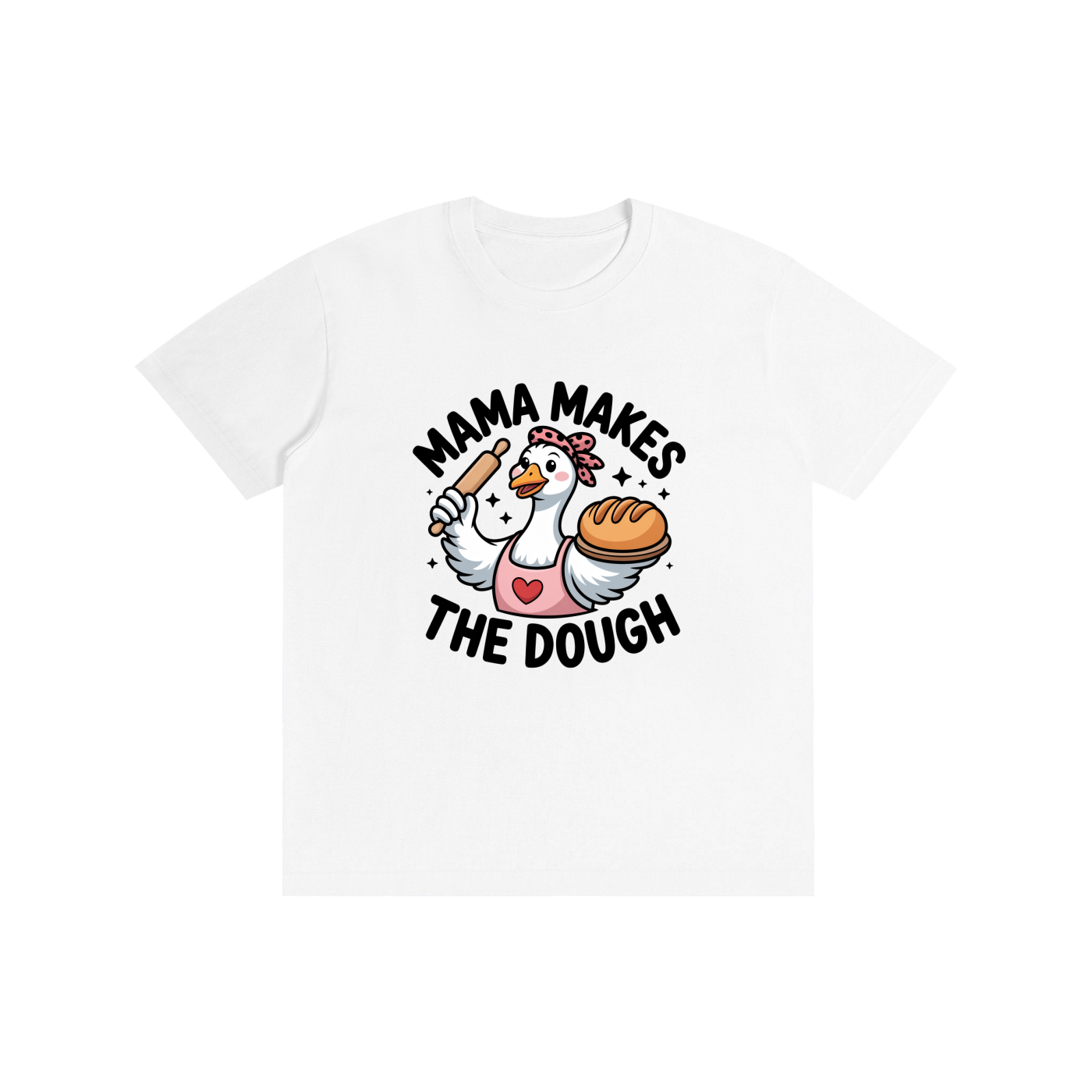 Mama Makes The Dough Baking Goose Tee in Lucent White, flat lay.