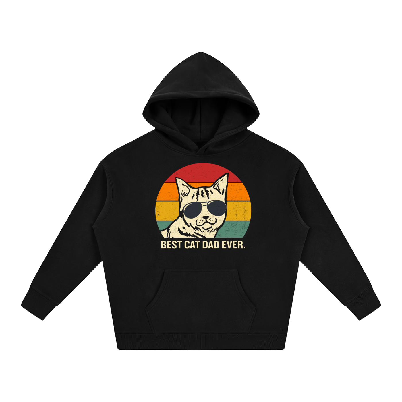 Best Cat Dad Ever Retro Sunset Hoodie in Black, flat lay.